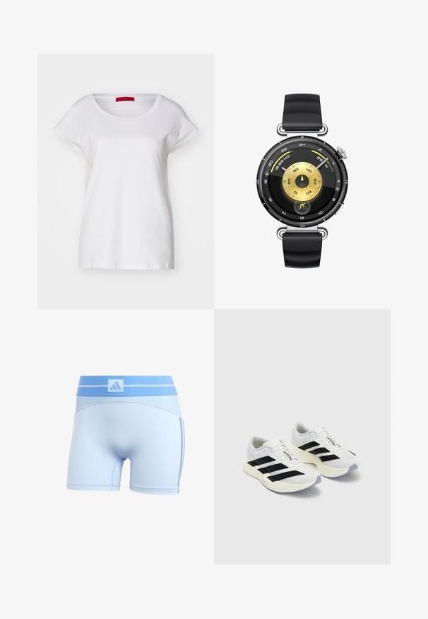 MAX&Co. MALDIVE - Basic T-shirt - weiss; Light blue athletic shorts with a fitted design. Features a ribbed waistband and subtle side stripes in a darker blue.; White athletic shoes with black stripes and branding, featuring a mesh upper, rounded toe, and thick cream sole for cushioning.; Black silicone strap watch with a round black and gold face, featuring a central dial and various measurement indicators, including a cycling icon.