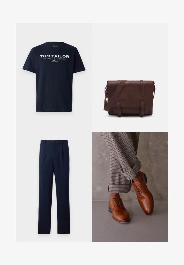 Marineblå bomulds T-shirt med fed hvid tekst: "TOM TAILOR THE CASUAL DEPARTMENT 1962." Kortærmet og rund halsudskæring.; Tre langærmede skjorter: lyseblå, hvid og marineblå. Alle har en klassisk krave og knaplukning foran, lavet af glat stof.; Mørkeblå bukser lavet af glat stof, med en enkelt knaplukning, læg og lige ben. Minimalistisk design uden bemærkelsesværdige mønstre.; Brune lædersko har en rund tå, fem hoveder til snørebånd og kontrasterende mørke snørebånd. Bukserne er ternede og opsmøgede ved hængslerne.; Brun læder buddeltaske med en flad frontklap, to remme, guld hardware detaljer og en justerbar skulderrem.