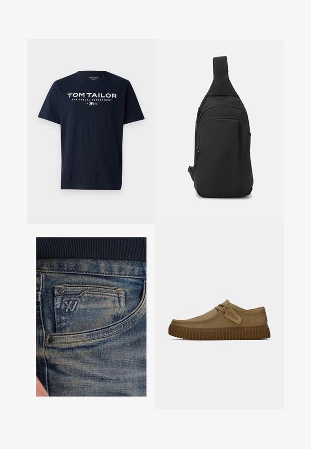Marineblå bomulds T-shirt med fed hvid tekst: "TOM TAILOR THE CASUAL DEPARTMENT 1962." Kortærmet og rund halsudskæring.; Blå denimjeans med en falmet tekstur, med en møntlomme og en sort logodetalje foran. Taljebåndet er af mørk marineblåt ribstrikket stof.; Lysebrune ruskindsko med rund tå, syet detaljer og en ribbet brun gummisål. Har et sidemærke med "Clarks" logo.; Sort, stof sling rygsæk med én skulderrem, flere lynlåslommer og et slankt, minimalistisk design.