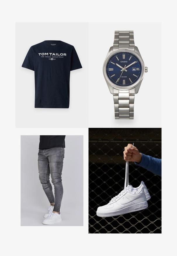 Marineblå bomulds T-shirt med fed hvid tekst: "TOM TAILOR THE CASUAL DEPARTMENT 1962." Kortærmet og rund halsudskæring.; Slank jeans i falmet grå denim med slidte detaljer ved knæene, parret med hvide sneakers. Glat tekstur, slim fit design.; Hvide lædersneakers med perforeringer, rund tå, flad sål og tykke snørebånd, med et synligt swoosh-logo og "AIR" på hælen.; Sølv rustfrit stål urrem med en marineblå urskive, metallic timemarkører og et datovindue kl. 3. Vandafvisende op til 50 meter.