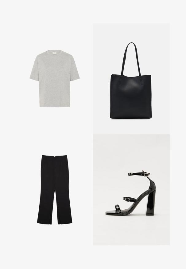 Kaffe TOMINA - T-shirt basic - grey melange; Zwarte broek met een rechte pasvorm, voorzien van zijzakken en plooien aan de onderzijde. Gemaakt van zachte, gladde stof. Geschikt voor verschillende gelegenheden.; Zwarte patent lederen sandalen met hoge hakken, twee gespenbanden, een vierkante neus en een stevige blokhak, met een gladde, glanzende textuur.; Zwarte leren handtas met een gladde textuur, rechthoekige vorm en twee lange handvaten. Geen zichtbare hardware of versieringen.