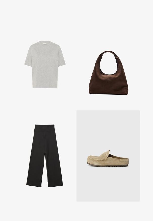 Kaffe TOMINA - Basic T-shirt - grey melange; Black wide-leg pants featuring a high elastic waistband, soft fabric, and a loose fit, suitable for casual wear or relaxed settings.; Birkenstock NAPLES WRAPPED LEVE TAUPEN - REGULAR - Mules - taupe; Soft brown hobo-style handbag with a single wide strap and a curved top handle opening, displayed on a white background.