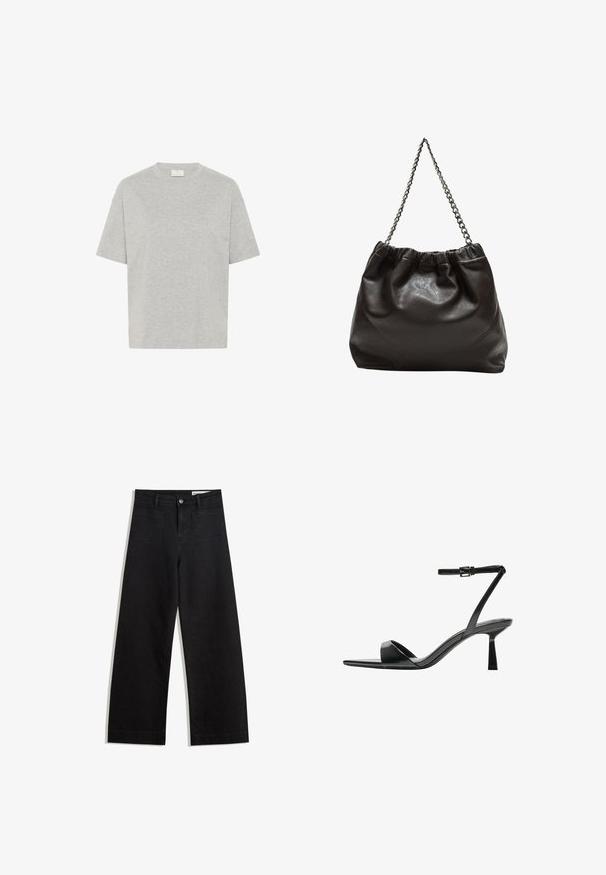 Kaffe TOMINA - T-Shirt basic - grey melange; Schwarze weit geschnittene Jeans mit hoher Taille, ausgestattet mit Vorder- und Hintertaschen, gesteppten Nähten und einem Knopfverschluss. Glatte Textur.; Bershka High Heel Sandalette - black; Braune Lederhandtasche mit gerafftem Oberteil und Kettenriemen. Glatte Textur mit glänzendem Finish und subtilen Nahtdetails an den Seiten.