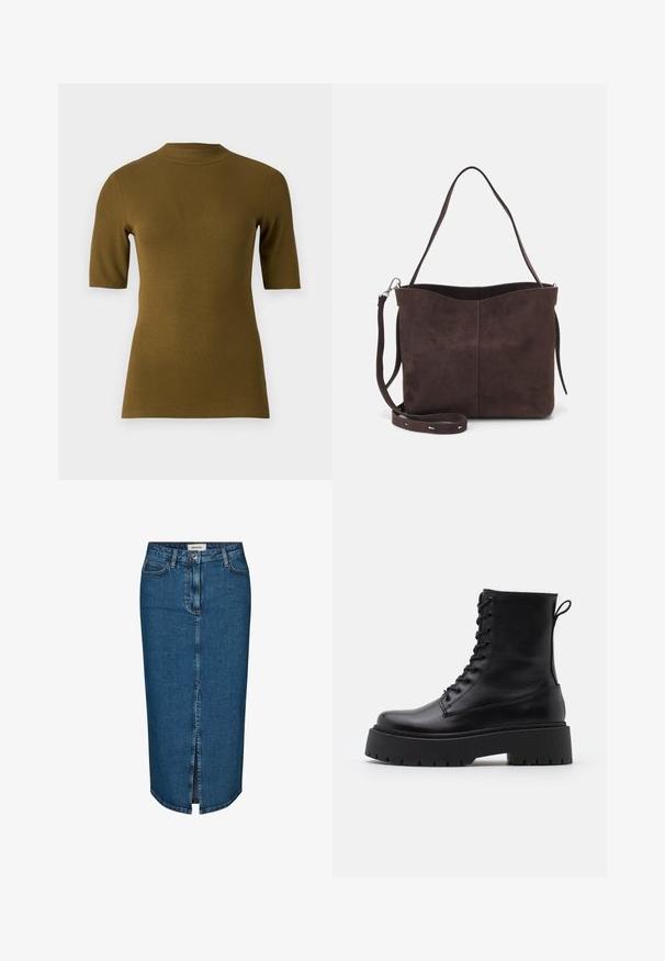 Ribbed olive green short-sleeve top with a high neckline and fitted shape. Made from a soft, stretchy fabric for comfort.; Denim pencil skirt in dark blue, featuring a front slit, five pockets, and contrasting stitching. Mid-rise waist with a classic design.; Black leather ankle boots with a round toe, lace-up front, and a thick rubber sole featuring a textured tread. Pull tab at the back.; Brown suede tote bag with a soft texture, featuring a single shoulder strap and a subtle curved top opening. No visible hardware details.