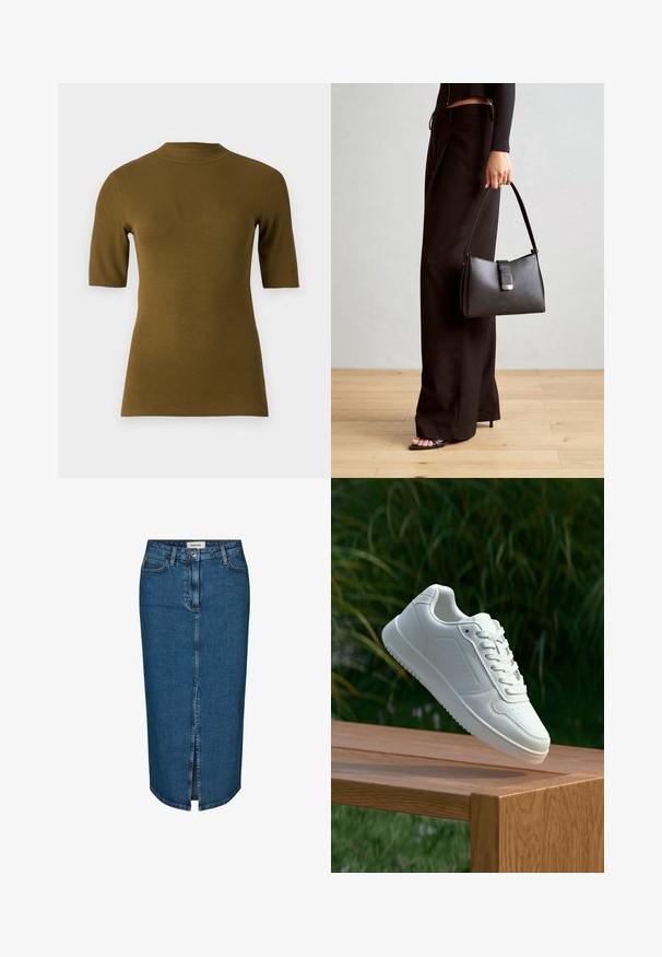 Ribaga oliivroheline lühikeste varrukatega topp kõrge kaelusega ja vormitud lõikega. Valmistatud pehmest ja venivast kangast mugavuse tagamiseks.; Tumedast denimist seelik, millel on ees lõhik, viis taskut ja kontrastne õmblus. Keskmise kõrgusega talje klassikalise disainiga.; Valged sneakerd, millel on sile sünteetiline ülemine osa, väikeste aukudega varvaskast, lamedad paelad ja tekstuuriga tald, eksponeeritud puidust pinnal.; Must musta kott, millel on struktureeritud kuju, sile tekstuur ja metallist klamber. Kombineeritud laiate mustade pükstega ja avatud varvaste sandaalidega puidust põrandal.