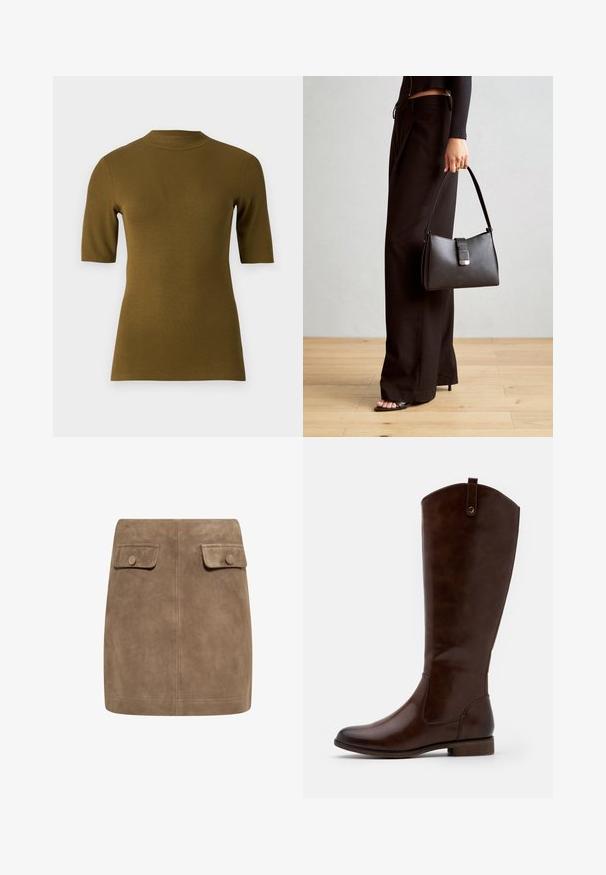 Žebrovaný olivově zelený top s krátkým rukávem a vysokým límcem ve fitted střihu. Vyrobeno z měkké, elastické látky pro pohodlí.; Hnědá semišová mini sukně s hladkou texturou, vybavená dvěma předními kapsami s klopami a knoflíkovými zapínáními po stranách. Jednoduchý, rovný design.; Hnědé kozačky do kolen vyrobené z hladké kůže, s kulatou špičkou, nízkým stohovaným podpatkem a jemným prošitím po stranách.; Černá kabelka se strukturovaným tvarem, hladkým povrchem a kovovým uzávěrem. Kombinována s širokými černými kalhotami a sandály s otevřenou špičkou na dřevěné podlaze.