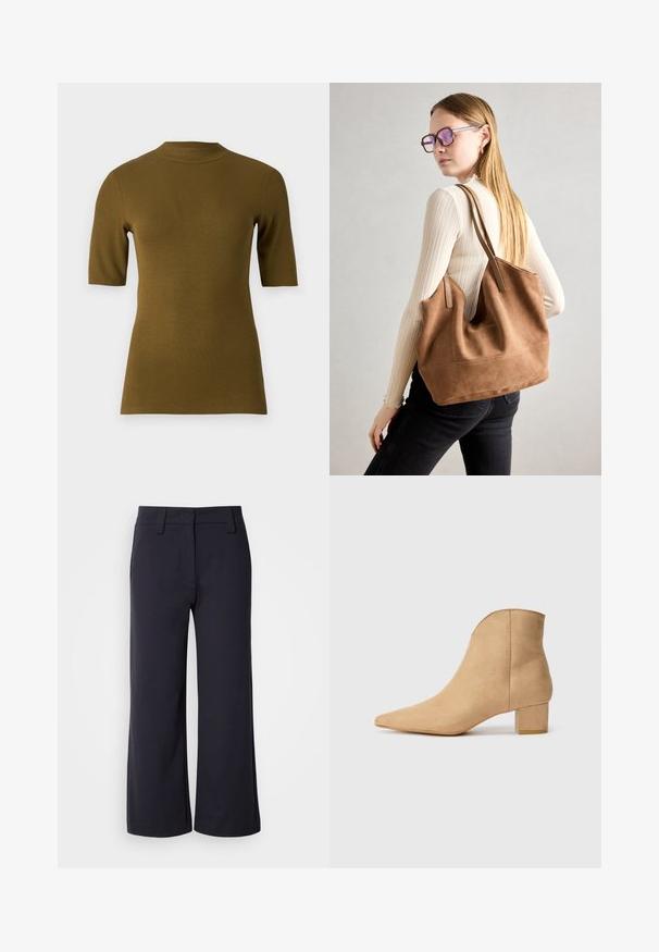 Rippendes olivgrünes Kurzarmoberteil mit hohem Ausschnitt und figurbetonter Form. Hergestellt aus einem weichen, dehnbaren Stoff für Komfort.; Weite Hosen aus dunklem Marineblau. Mit flachem Bund, Gürtelschlaufen und seitlichen Taschen. Das Material ist glatt und hat einen leichten Stretch.; Beige Wildleder-Stiefelette mit spitzem Zehenbereich und kurzem Blockabsatz. Glatte Textur mit minimalen Details und einer klaren, schlichten Silhouette.; Braune Wildleder-Tasche mit weicher Textur, großer Öffnung und langen Trägern. Sie verfügt über ein simples Design mit sichtbarem Stich und ohne Beschläge.