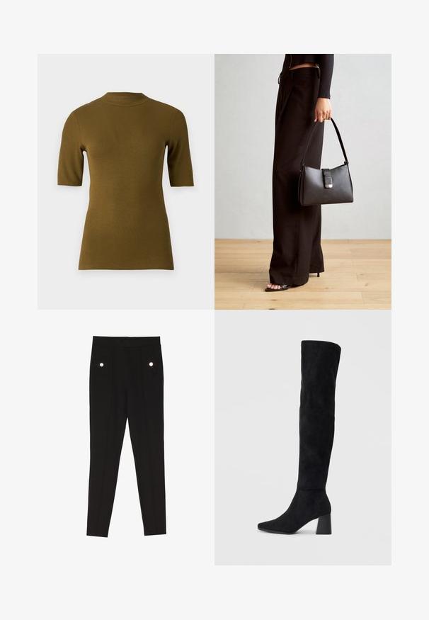 Rippendes olivgrünes Kurzarmoberteil mit hohem Ausschnitt und figurbetonter Form. Hergestellt aus einem weichen, dehnbaren Stoff für Komfort.; Schwarze maßgeschneiderte Hosen mit einer glatten Textur, ausgestattet mit zwei vorderen Taschen mit dekorativen Hardware-Akzenten und einem Slim-Fit-Design.; Schwarze Wildleder-Stiefel bis zum Knie mit Blockabsatz, spitzer Zehe und glattem, nahtlosem Design auf einem schlichten, hellen Hintergrund.; Schwarze Handtasche mit strukturierter Form, glatter Textur und einem metallischen Verschluss. Kombiniert mit weiten schwarzen Hosen und offenen Sandalen auf einem Holzboden.