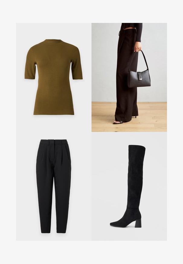 Geribbelde olijfgroene top met korte mouwen, hoge halslijn en aansluitende pasvorm. Gemaakt van een zachte, rekbare stof voor extra comfort.; Zwarte pantalon met een rechte pasvorm, voorzien van plooien aan de voorkant, een gladde structuur en zijzakken. De tailleband heeft een standaardhoogte.; Zwarte suède kniehoge laars met blokhak, spitse neus en een glad, naadloos ontwerp op een effen lichte achtergrond.; Zwarte handtas met gestructureerde vorm, gladde textuur en een metalen sluiting. Gecombineerd met brede zwarte broeken en sandalen met open teen op een houten vloer.