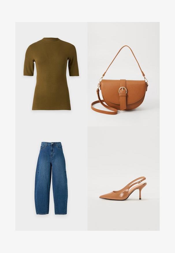 Top scurt, de culoare verde măslin, cu textură ribbed, guler înalt și croială ajustată. Fabricat dintr-un material moale și elastic pentru confort.; Jeans din denim cu o nuanță medie de albastru, având talie înaltă, tăietură cu picioare largi și un design standard cu cinci buzunare, cu detalii de cusătură vizibile.; Pantofii cu toc slingback, cu vârful ascuțit, dintr-un material tan neted și strălucitor. Prezintă un design cu decupaj curbat și un toc subțire stil stiletto. Detaliu cu cataramă argintie.; Geantă din piele maro, tip crossbody, cu o formă curbată, accesorii aurii și un accent cu cataramă. Dispune de un curea de umăr detașabilă.