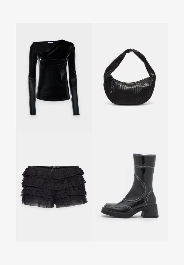 Svart langermet topp laget av blankt materiale med skrå halslinje og tettsittende design. Jevn tekstur med minimalistiske detaljer.; Jaded London BLOOMER SHORTS - Shorts - black; Svart patentlær ankle boot med hvite sømmer, rund tå og blokkhelt. Har buede designlinjer og en glatt tekstur.; Svart vevd skinnhåndveske med en buet form, utstyrt med et tykt håndtak og glidelås. Strukturer overflate med en blank finish.