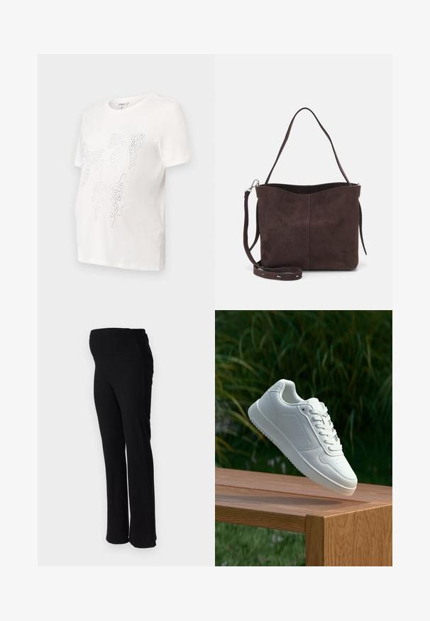 Hvitt bomulls t-skjorte med korte ermer, med et design av blader omrisset i små metallnagler. Rund hals, avslappet passform.; ONLY MATERNITY OLMHALLE - Bukse - black; Hvite sneakers med en glatt syntetisk overdel, perforert tåboks, flate snørebånd og en teksturert såle, vist på en treflate.; Brun semsket stoff tote-veske med en myk tekstur, som har en enkelt skulderrem og en subtil buet toppåpning. Ingen synlige maskindetaljer.