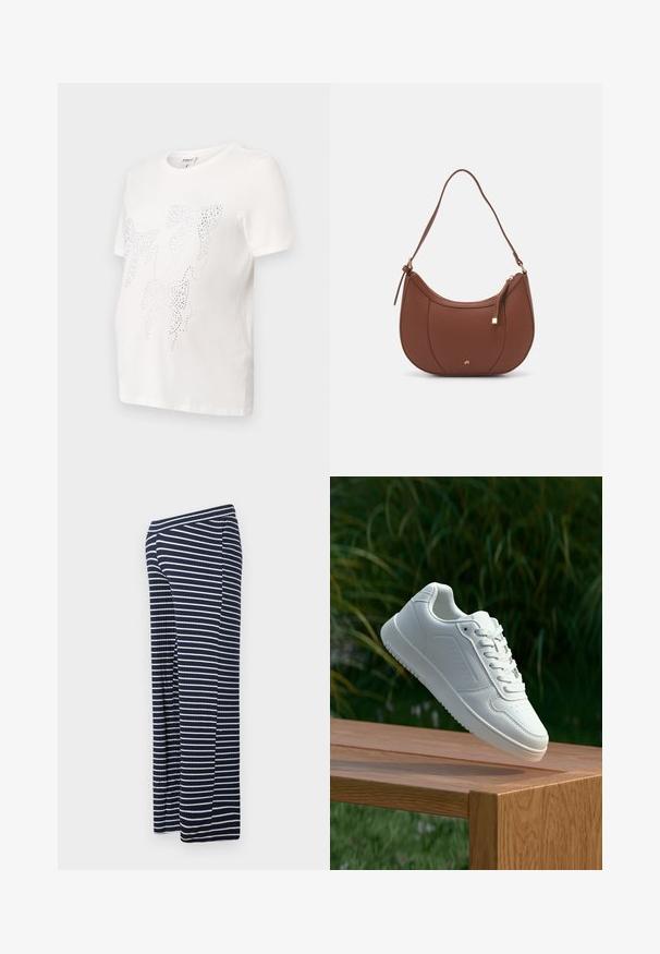 Tricou alb din bumbac cu mâneci scurte, având un design cu frunze conturate cu mici strasuri metalice. Guler rotund, croi lejer.; Pantaloni largi cu dungi albastre marin și albe, cu o textură ribbată, având un tiv elastic și un croi lejer.; Sneaker alb cu un upper sintetic neted, cu vârf perforat, șireturi plate și o talpă texturată, expus pe o suprafață de lemn.; Geantă de umăr din piele ecologică maro, cu o formă curbată, cusături minime și un accent din metal auriu. Are un închidere cu fermoar în partea de sus și o curea ajustabilă.