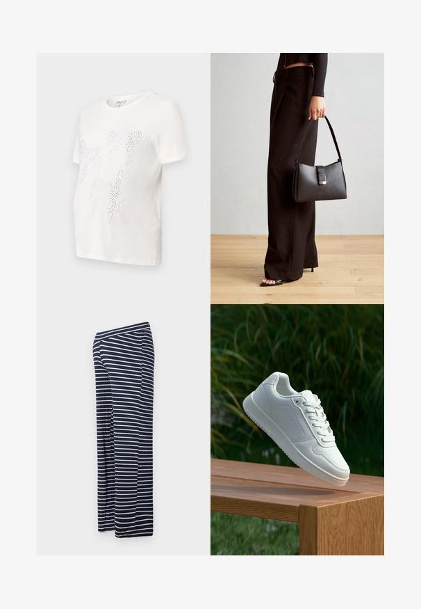Bela bombažna majica s kratkimi rokavi, ki vsebuje dizajn listov obrobljenih z majhnimi kovinskimi bleščicami. Okroglo izrezovanje, sproščen kroj.; Temno modre in bele črtaste široke hlače z rebrasto teksturo, ki imajo elastičen pas in sproščen kroj.; Bela teniska s gladkim sintetičnim zgornjim delom, perforiranim prednjim delom, ravnimi vezalkami in teksturiranim podplatom, prikazana na leseni površini.; Črna torbica z strukturirano obliko, gladko teksturo in kovinskim zaponko. Ujemajo se z širokimi črnimi hlačami in odprtimi sandali na lesenem tleh.