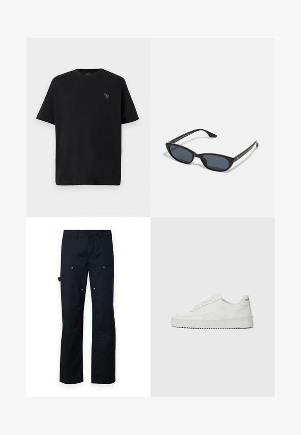 Svart bomull t-skjorte med korte ermer, rund hals og en subtilt brodert heste-logo i grått på venstre brystområde.; Svart cargo bukser laget av holdbart stoff, med rett snitt, multiple lommer og subtile sølvfarge detaljer.; Hvite lærersneakers med en jevn overflate, rund tå, flate lisser og en teksturert såle. Har en subtil logo på hælen.; Sorte cat-eye solbriller med mørke linser, plastikkramme, tynne stenger og subtil merkevaremerking på den indre armen. Matt overflate.