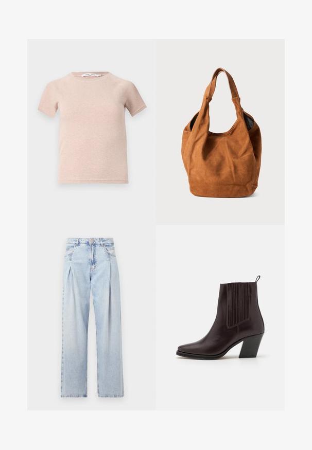 Light pink short-sleeve t-shirt made of ribbed fabric, featuring a round neckline and a relaxed fit. Simple and seamless design.; Light blue denim jeans with a high waist, wide-leg cut, two side pockets, and pleated design feature. Soft texture with a faded finish.; Dark brown leather ankle boot with a pointed toe, vertical ribbed detailing on the side, and a mid-height block heel.; Brown suede shoulder bag with a soft texture, curved shape, and two handles. Features a minimal design with no visible hardware or accents.