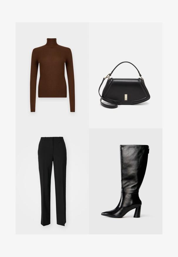 Brun ribbet rullekravesweater med lange ærmer, der har en høj halsudskæring og en tætsiddende pasform, lavet af et blødt, elastisk materiale.; Sorte skræddersyede bukser med lige ben-design, der har en glat tekstur og skarpe folder langs fronten. Ingen synlige hardware.; Knee-high sorte læderstøvle med spids tå, glat tekstur og en kraftig hæl. Har en lynlåsdetaile bagpå.; Sort læderhåndtaske med en struktureret design, der har en kortet form, tophåndtag og guld hardware-accenter. Justerbar skulderrem inkluderet.
