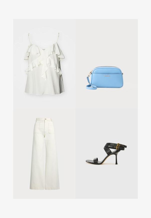 Top branco sem mangas feito de tecido leve, com camadas de volantes na frente e alças ajustáveis para conforto e ajuste.; Jeans de perna larga em denim off-white. Design de cintura alta com fecho de botão, dois bolsos frontais e detalhes de costura em contraste.; Sandal preto de salto alto com tiras cruzadas e fivela ajustável. Apresenta uma textura suave e um salto agulha afilado.; Bolsa crossbody em couro azul claro com acessórios em tom de ouro, fecho em zip, e um bolso frontal. Apresenta uma alça ajustável para conveniência.