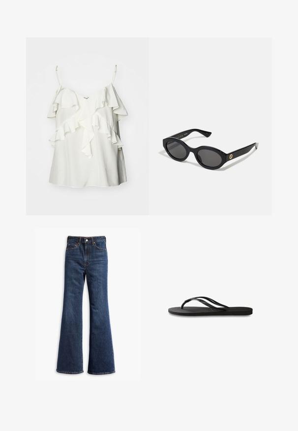 Hvid ærmeløs top lavet af letvægtsstof, med lagdelte flæser langs forsiden og justerbare stropper for komfort og pasform.; Højtaljede mørkeblå denim jeans med udvidede ben, frontknap og lynlås lukning, samt fem-lommer design.; Sorte flip-flop med en tekstureret gummisål, to slanke stropper og et subtilt, præget logodetalje på stroppen.; Sorte ovale solbriller med mørke linser og blank plastramme. Har et guldlogo på stykket, hvilket giver et slankt og moderne design.; Sort læderhandbag med en struktureret rektangulær form. Har et gyldent ovalt lås og en tynd skulderrem. Glat tekstur.