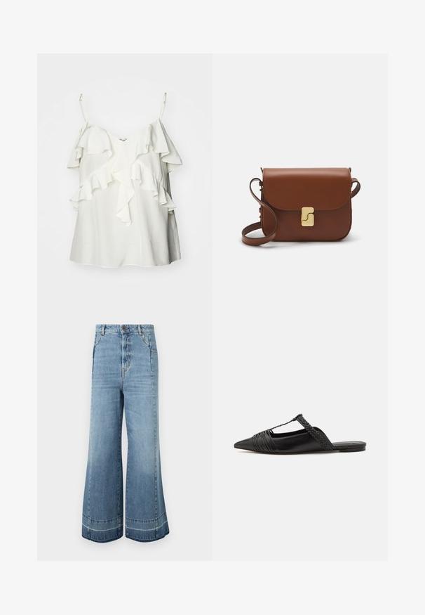 Witte mouwloze top van lichtgewicht stof, met gelaagde ruches aan de voorkant en verstelbare bandjes voor comfort en pasvorm.; WEEKEND MaxMara AGENDA - Relaxed fit jeans - navy; Zwarte leren slingback schoen met een puntige neus, voorzien van een gevlochten accent en geplooid ontwerp aan de bovenkant. Platte zool met minimale hardware.; Bruine leren handtas met een klep sluiting, gouden hardware, een schouderband en een gladde textuur. Compact rechthoekige vorm.