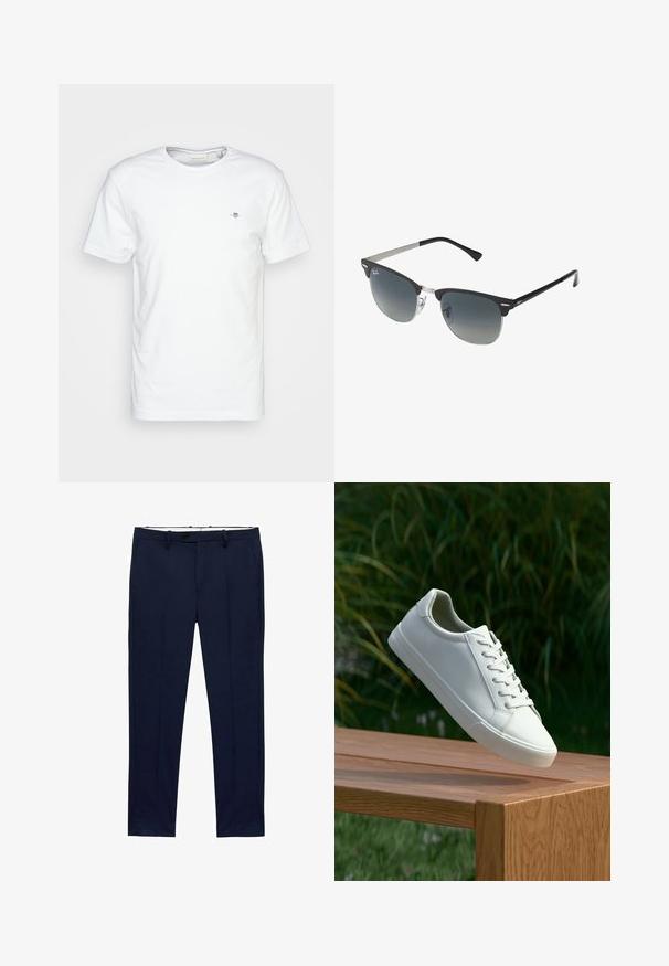 Camiseta de algodón blanca con cuello redondo y mangas cortas, que presenta un pequeño logo en el pecho y una textura suave y limpia.; Pantalones azul marino de corte slim con patrón de rayas. Con cremallera, presillas para cinturón y bolsillos frontales. Textura de tela suave.; Zapatilla blanca con cordones flotando sobre un banco de madera con follaje verde al fondo, mostrando el diseño y la textura del zapato.; Gafas de sol negras y plateadas con forma de ojo de gato, lentes degradados y acentos metálicos en la montura. Patillas de plástico con puntas grises.