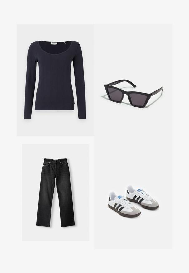 Långärmad marinblå topp i ribbat tyg med vid rundad halsringning och figurnära passform. Subtil logotypetikett vid sidan.; Bershka Jeans straight leg - mottled dark grey; Sportskor med överdel i vit läder, grå mocka på tårna och tre svarta ränder. Har en blå logotyp på tungan och en texturerad gummisula.; Svarta, vinklade solglasögon med grå linser; tillverkade av plast, med tjocka skalmar med en slät yta och utan synlig hårdvara.