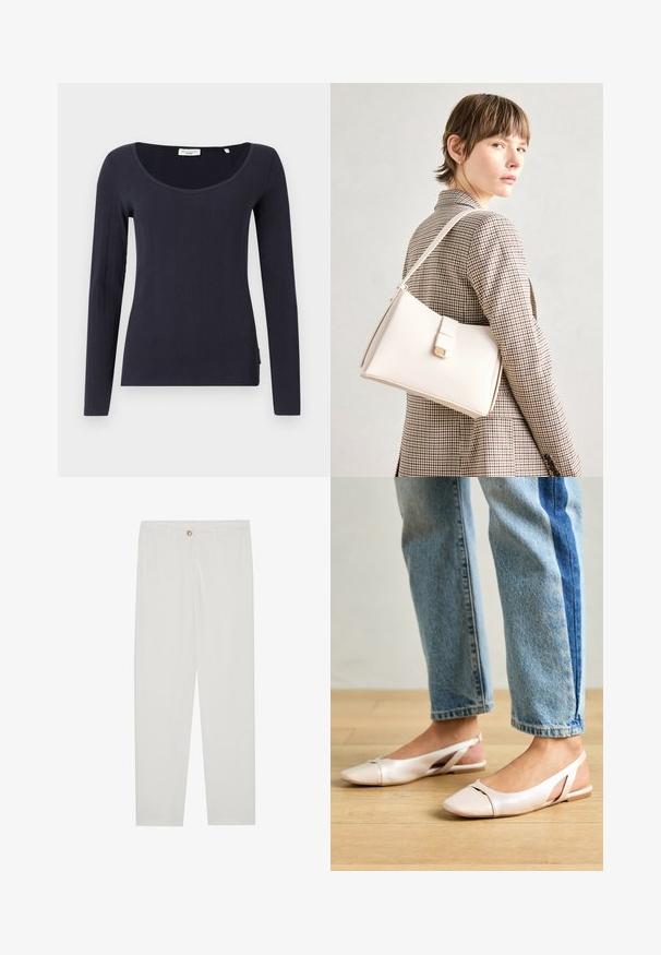 Tumšzilā garo piedurkņu blūze, izgatavota no ribota auduma, ar plašu izgriezumu un pieguļošu formu. Delikāts logo uz šuve.; Baltas, pielāgots bikses ar taisnu kāju dizainu, ar pogu aizdari, jostu cilpām un sānu kabatām; gluda auduma tekstūra.; Bālti rozā siksniņu dzīvokļi ar smailu purngalu, izgatavoti no gludas ādas līdzīgās materiāla. Iezīmē izgriezumu detaļas sānos un platu papēdi.; Balta ādas rokassoma ar strukturētu dizainu, kurai ir magnētiska aizdare un plecu josta, parādīta uz neitrāla fona.