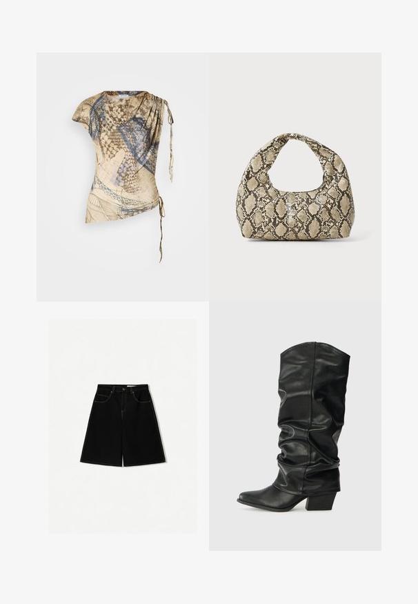 Top ușor, bej, cu modele abstracte albastre și maro, design drapat, detaliu pe un umăr și legare ajustabilă pe lateral.; Shorts din denim negri, cu o croială lejeră, având cinci buzunare, accente de cusătură galbenă și un design cu talie medie.; Cizme lungi din piele neagră, cu un design căzut, vârf ascuțit și toc gros, având o textură netedă și cusături minime.; Geantă cu imprimeu de șarpe, având un mâner curbat. Fabricată din materiale texturate, bej și maronii, cu un model distinctiv în formă de diamant.
