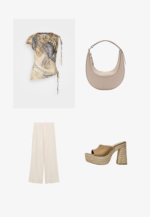 Ľahký béžový top s abstraktnými modrými a hnedými vzormi, voľný dizajn, jeden ramenný detail a nastaviteľná šnúrka na boku.; Svetlé nohavice s širokými nohavicami z krémovej látky, s hladkou textúrou, prispôsobeným pásom a čistými švami. Hladký predný diel s dvojitými stehnami.; Hnedé semišové platformové mule s otvorenou špičkou, s masívnym pleteným juty podpätkom a hladkým, zaobleným dizajnom hornej časti.; Béžová kožená taška cez rameno s polkruhovým tvarom, hladkou textúrou a jedným zakriveným uchom. Obsahuje zipsové uzatváranie a úhľadné švy.