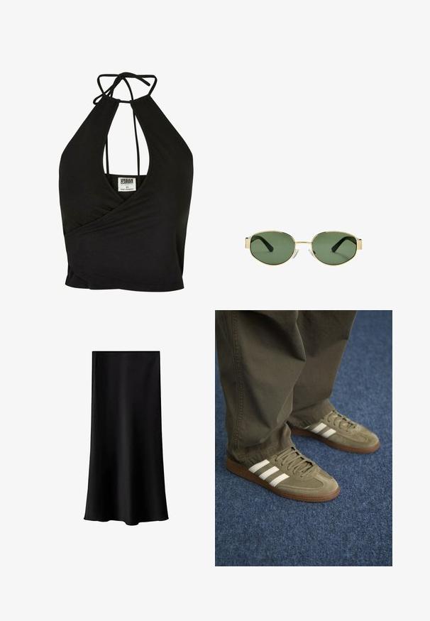 Černý halter top na krk s krátkým střihem vyrobený z jemné tkaniny, s hlubokým V-výstřihem a zavinovacím designem. Zavírá se na zádech pro nastavitelný střih.; Černá midi sukně vyrobená z hladkého, lehkého materiálu. Disponuje rovný střihem, bez viditelné kovové části a jednoduchým designem bez vzorů.; Zelené semišové tenisky se třemi bílými pruhy, hnědou gumovou podrážkou a texturovanými tkaničkami, spárované s olivově zelenými kalhotami na modrém koberci.; Sluneční brýle s metalickým zlatým rámem, zelenými skly, oválného tvaru, s černými stranicemi a průhlednými nosními podložkami. Čistý, minimalistický design.; Olivově zelená taška přes rameno s dvojitými ušima, hladkým povrchem a kovovým logem. Zaoblený tvar se bočními panely; v kombinaci s modrými kalhotami.