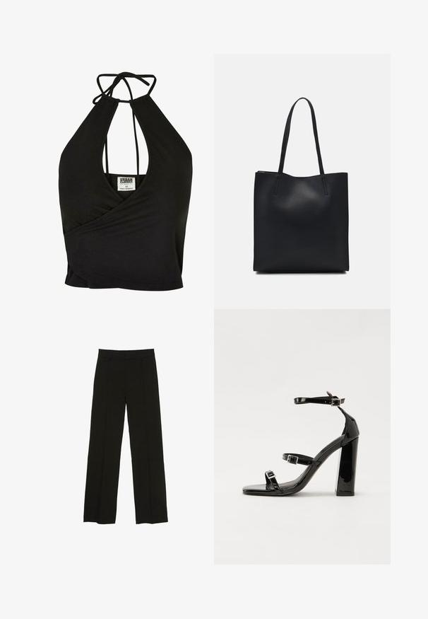 Zwarte halter croptop gemaakt van een zachte stof, met een diepe V-hals en wikkelontwerp. Strikjes aan de achterkant voor een verstelbare pasvorm.; Zwarte wijde pantalon gemaakt van een soepele stof, met een aansluitende tailleband en subtiele plooien aan de voorkant voor extra textuur.; Zwarte gepatenteerde sandalen met hak en een vierkante neus, enkelbandjes en zilveren gespen. Heeft een stevige blokhak voor stabiliteit.; Zwarte leren handtas met een gladde textuur, rechthoekige vorm en twee lange handvaten. Geen zichtbare hardware of versieringen.