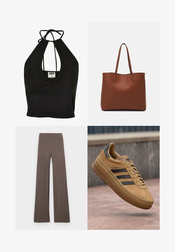 Must mustriga crop top, mis on valmistatud pehmest kangast, omab sügavat V-kaela ja ümbermõõtjat disaini. Seljaosas on sidumisvõimalus, mis tagab reguleeritava sobivuse.; Laiad pahkluudriga püksid tumepruunis toonis, millel on veniv vöökoht ja pehme, tekstuuriga kangas.; Kreemjad nubukist tossud, millel on sile tekstuur, kolm tumedat triipu, ümmargune varvas ja paksem tald, millel on mustriline serv.; Pruun nahast tote-kott, millel on sile tekstuur, avatud ülaosa disain ja kaks õlarihma. Omab minimaalset õmblust ja nähtavat riistvara ei ole.