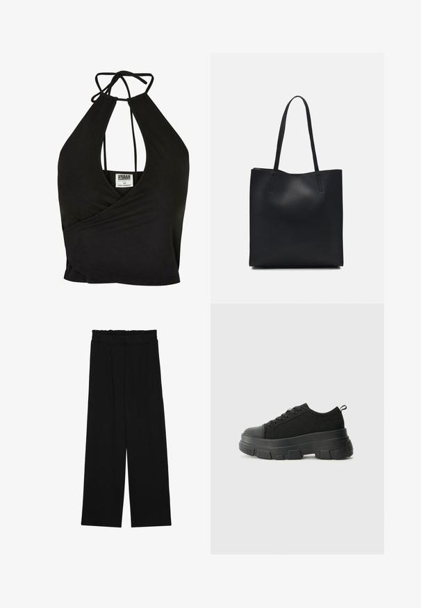 Zwarte halter croptop gemaakt van een zachte stof, met een diepe V-hals en wikkelontwerp. Strikjes aan de achterkant voor een verstelbare pasvorm.; Zwarte wijde broek met een gerimpelde tailleband, voorzien van twee zijzakken en een soepele, lichte stof. Geen zichtbare patronen of hardware.; Zwarte sneakers met een stevige rubberen zool, textiel bovenwerk, ronde neus en vetersluiting. Beschikt over versterkte oogjes en een trekstrip aan de achterkant.; Zwarte leren handtas met een gladde textuur, rechthoekige vorm en twee lange handvaten. Geen zichtbare hardware of versieringen.