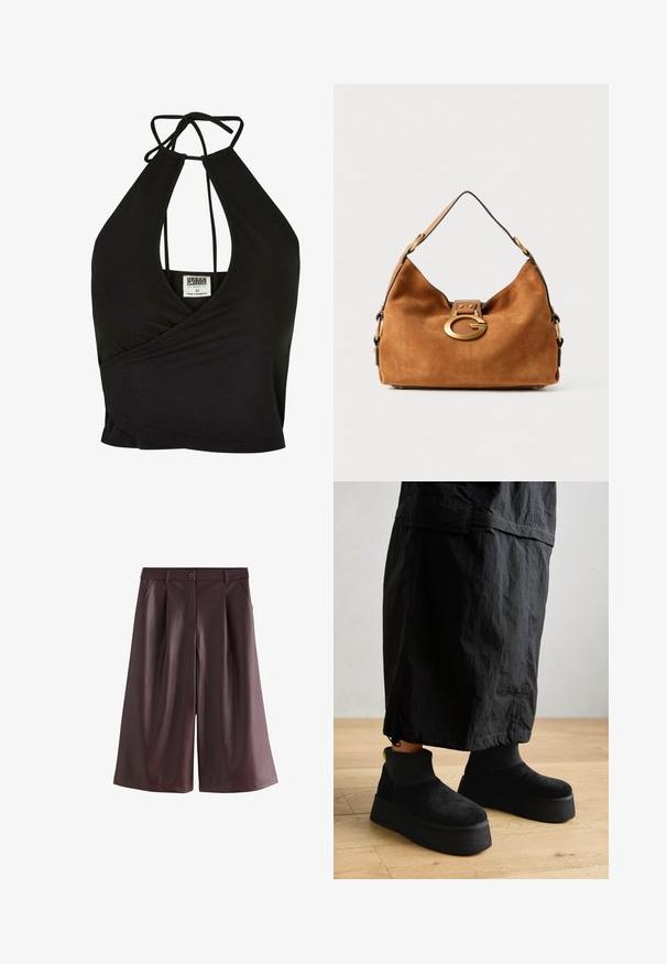 Schwarzes Haltertop aus weichem Stoff, mit tiefem V-Ausschnitt und Wickeldesign. Bänder am Rücken ermöglichen eine anpassbare Passform.; Braune weit geschnittene Shorts aus Kunstleder mit vorderen Taschen, Gürtelschlaufen und einem Knopfverschluss.; Schwarze Plattform-Stiefeletten aus weichem Wildleder mit glatter Oberfläche und dicker Sohle. Sie verfügen über eine gerippte Textur und einen Neonakzent an der Ferse.; Braune Wildleder-Handtasche mit runder Form, einem goldfarbenen Hardware-Verschluss und einem kontrastierenden schwarzen Rand. Verfügt über einen einzelnen Schulterriemen zum Tragen.