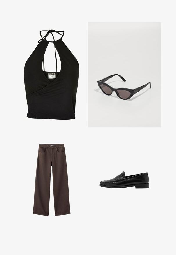 Top scurt cu guler halter de culoare neagră, fabricat dintr-un material moale, având un decolteu adânc în V și un design înfășurat. Se leagă la spate pentru o ajustare confortabilă.; Pantaloni din denim cu picioare largi, de culoare maro închis, care dispun de buzunare frontale, un talie standard și un design clasic cu cinci buzunare. Textură moale și rezistentă.; Mango Pantofi slip-on - black; Ochelari de soare cu formă de cat-eye, cu o ramă neagră mată și lentile închise la culoare, având logo-ul "vogue" pe lateral și o formă unghiulară distinctivă.