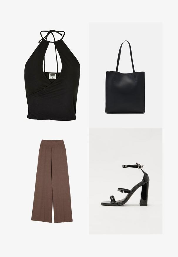 Črni top brez rokavov iz mehkega blaga, z globokim V-izrezom in ovitim dizajnom. Ima zavezovanje na hrbtni strani za prilagodljivo prileganje.; Široke hlače iz teksturirane, rebraste tkanine v topli rjavi barvi. Imajo brezšivni pas in tekoč silhueto.; Črne lakirane sandale s peto, kvadratnim prstom, trakovi okrog gležnja in srebrnimi zaponkami. Opremljene so s stabilno Debelo peto.; Črna usnjena torba s svilnato teksturo, pravokotne oblike in dvema dolgima ročajema. Brez vidnih metalnih delov ali okrasnih elementov.
