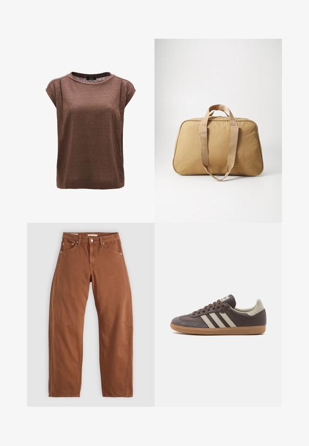 Top corto marrone con maniche corte, scollatura tonda, vestibilità rilassata, realizzato in materiale leggero, con cuciture laterali e senza decorazioni visibili.; Jeans dritti di colore marrone ruggine con tasche anteriori e posteriori, rivetti metallici, chiusura con bottone e passanti per cintura, disposti su uno sfondo bianco.; Sneaker in pelle marrone con tre strisce chiare, suola in gomma, punta arrotondata e dettagli in suede texture sul tallone e sulla punta.; Borsa duffel tan con due manici in tessuto, texture liscia, chiusura con zip, forma ovale e un logo in rilievo discreto su un lato.