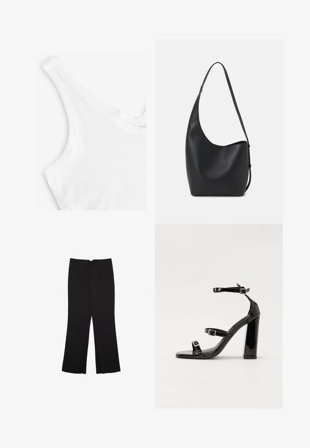 Bela majica na bretele z gladko in mehko teksturo. Ima tanke naramnice in ohlapen ovratnik, izdelana iz lahkega bombažnega materiala.; Črne hlače ravnega kroja z naglavnimi žepi in stranskimi razporki na robu. Narejene iz mehke, gladke tkanine. Primerne za različne priložnosti.; Črne lakirane sandale s peto, kvadratnim prstom, trakovi okrog gležnja in srebrnimi zaponkami. Opremljene so s stabilno Debelo peto.; Črna usnjena hobo torba z gladko teksturo, ukrivljeno obliko in eno nastavljivo naramnico; ima širok odprtina na vrhu.