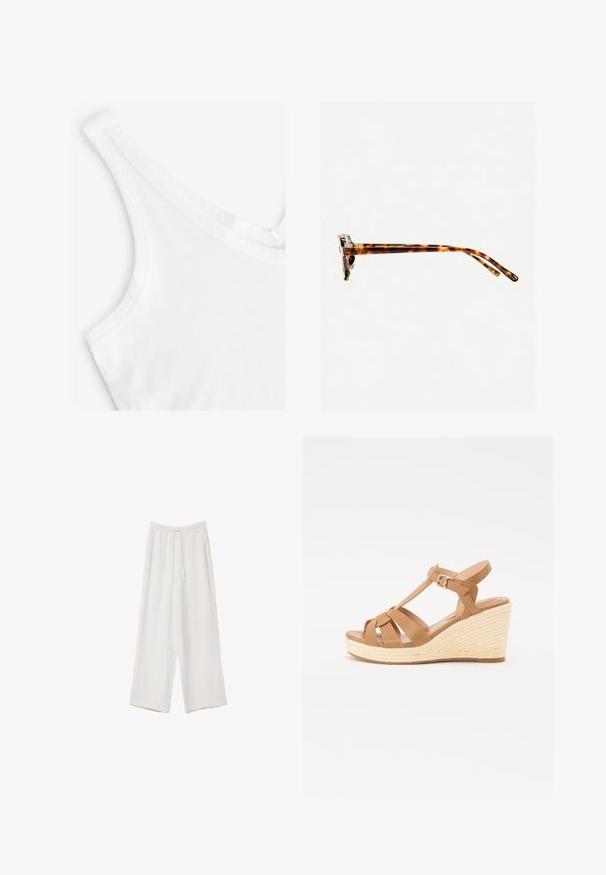 Vit linne med en mjuk och slät textur. Har tunna axelband och en rundad halsringning, tillverkad i lätt bomullsmaterial.; Vita vida byxor i vid passform gjorda av ett lättviktsmaterial. Har en elastisk midja med dragsko och sidofickor. Slät textur.; Bruna kilklackssandaler med tvärband, justerbart ankelsläp och en texturerad vävd espadrillo-kil.; Sköldpaddsmönstrade solglasögon med en tjock ram, lätt böjda skalmar och en jämn yta. Har en klassisk design med en glansig finish.