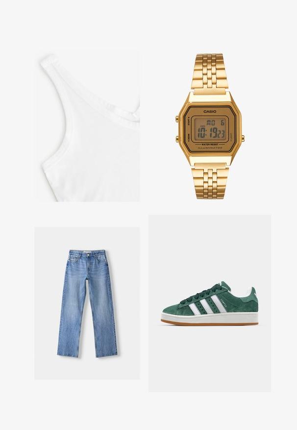 Top bianco senza maniche con una texture liscia e morbida. Presenta sottili spalline e un collo a barchetta, realizzato in cotone leggero.; Jeans in denim blu chiaro con design a gamba dritta, dotati di cinque tasche, chiusura frontale con bottone e leggeri effetti di sbiadimento per texture.; Sneaker in suede verde con strisce in pelle bianca, suola in gomma, collarino imbottito e design minimalista. Presenta il marchio sul lato.; Orologio digitale oro con quadrante rettangolare, display LCD, bracciale in acciaio inossidabile e pulsanti laterali. Presenta un'etichetta di impermeabilità.