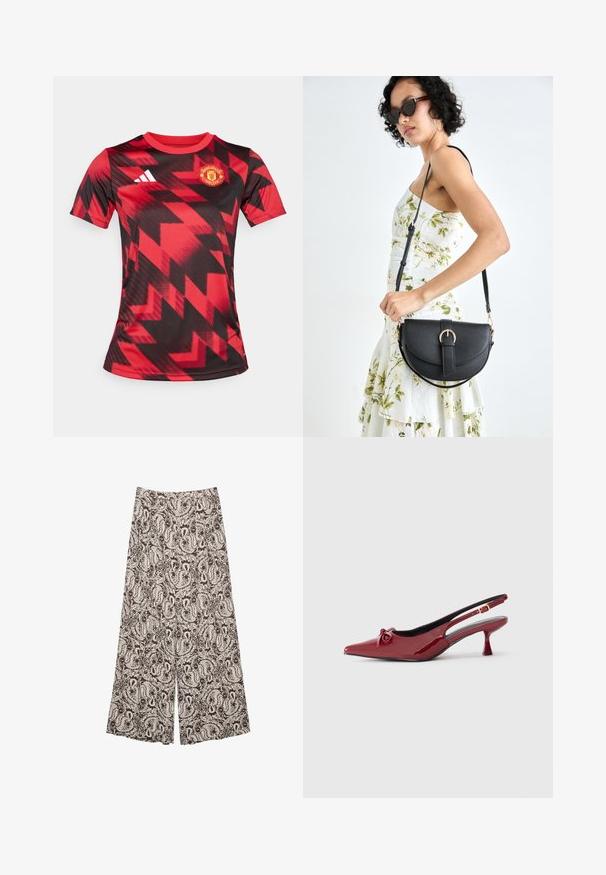 Punainen ja musta lyhythihainen jalkapalloasu, jossa on geometrinen painatus. Vasemmassa rinnassa on Manchester Unitedin logo ja oikeassa rinnassa Adidas-logo.; Levelegede bukser i en brun og flødefarvet paisley-mønster, med en glat tekstur og et høj talje-design. Velegnet til afslappet brug.; Punapäevast nahast slingback-kingad terava ninaga, väikese kandiga ja esiküljel sõlmega aktsent. Küljel on avatud detail.; Musta nahkainen käsilaukku, joka on kaareva muotoilultaan, irrotettavalla hihnalla ja kultaisilla yksityiskohdilla. Laukussa on läppä, jossa on solk yksityiskohta.