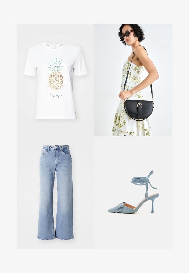 White cotton t-shirt featuring a gold pineapple graphic with teal accents and the text "LOOKING PINE" printed beneath the design.; Light blue high-waist wide-leg jeans with front and back pockets, button closure, and subtle fading on the thighs and hems.; Pointed-toe high heel shoe in light blue fabric with a textured finish, featuring a bow accent and ankle strap for secure fit.; Black leather handbag with a curved shape, detachable strap, and gold hardware. The bag features a flap with a buckle detail.