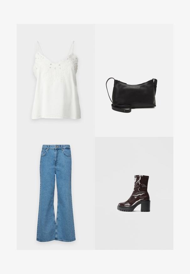 Fehér, ujjatlan, könnyű anyagból készült felső, hímzett csipkés díszítéssel a nyakvonal mentén és állítható pántokkal.; Világoskék, trapézszárú farmernadrág, magas derékkal, öt zsebbel és egy gombos záródással. Puha tapintású, magasított effektusú anyag.; Fényes bordó bokacsizma vastag fekete sarokkal, sima felülettel és egyszerű dizájnnal. Nincsenek látható zárak vagy minták.; Fekete bőr válltáska sima felülettel, ívelt formával, állítható pánttal és cipzáras záródással. Minimalista dizájn díszítmények nélkül.