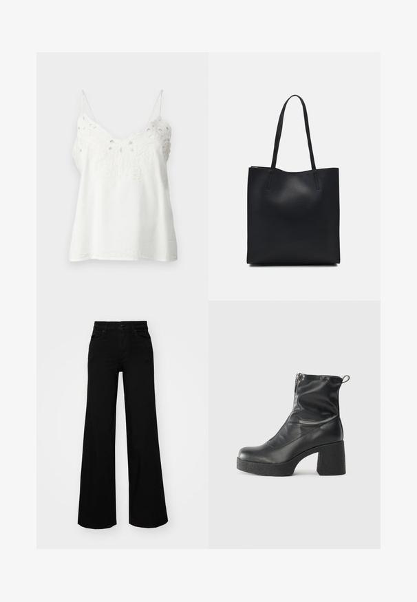 Balta bevandenė palaidinė, pagaminta iš lengvos medžiagos, su siuvinėtu nėrinių raštu aplink iškirpę ir reguliuojamomis spaghetti petnešėlėmis.; Juodos plačios kelnės iš denimo, turinčios struktūruotą juosmenį, diržo kilpas ir priekines kišenes. Lygus paviršius su klasikinio dizaino elementais.; Juodos kulkšninių botai, pagaminti iš lygaus odos, su šoniniu užtrauktuku, masyviu tekstūruotu kulnu ir apvaliu pirštu.; Juodas odinis tote krepšys su lygia tekstūra, stačiakampio formos ir dviem ilgais rankenomis. Matomų metalinių detalių ar puošybos nėra.