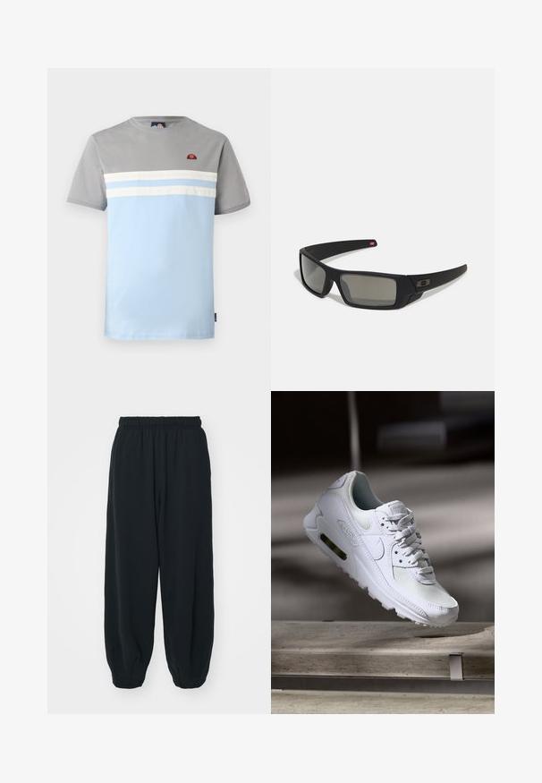 Īsām piedurknēm t-krekls pelēkā un gaiši zila krāsā, ar horizontālām baltām svītrām un mazu logotipu uz krūtīm. Kokvilnas materiāls, ikdienišķs dizains.; Melnas sporta bikses ar elastīgu jostasvietu, brīvu piegriezumu, aprocēm ap potītēm, gludu tekstūru, un bez redzamām rakstu vai aparatūras akcentiem.; Baltas Nike Air Max 90 sporta apavi ar sietu un ādas augšdaļu, caurspīdīgu pirksta daļu un redzamu gaisa vienību papēdī.; Melni saulesbrilles ar matētu apdari, taisnstūra lēcām, nedaudz izliektiem tempļiem, smalkiem logotipa elementiem un dūmu nokrāsas lēcām.