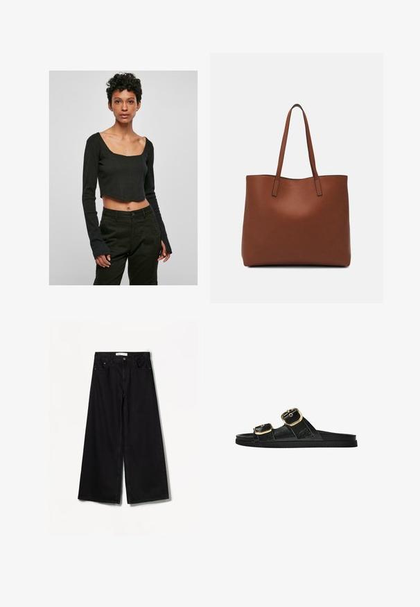 Black, cropped long-sleeve top with a square neckline and fitted design. The fabric is smooth, and the sleeves are slightly flared at the ends.; Bershka WIDE-LEG - Wide Leg - black; Black slide sandal with two gold buckle accents, smooth textured material, flat sole, and a minimalist design.; Brown leather tote bag with a smooth texture, open top design, and two shoulder straps. Features minimal stitching and no visible hardware.