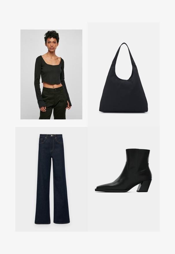 Svart, kortärmad topp med fyrkantig halsringning och figursydd design. Tyget är slätt och ärmarna är något utvidgade i ändarna.; Mörkblå vida denimjeans med framfickor, bälteshängare och knappstängning.; Svart läderankelsko med spetsig tå, slank siluett och kraftig kvadratisk klack. Slät textur med minimala sömnadsdetaljer.; Svart tygväska med en enda, bred axelrem. Mjuk, semi-strukturerad form och slät textur; minimal design utan synlig hårdvara.