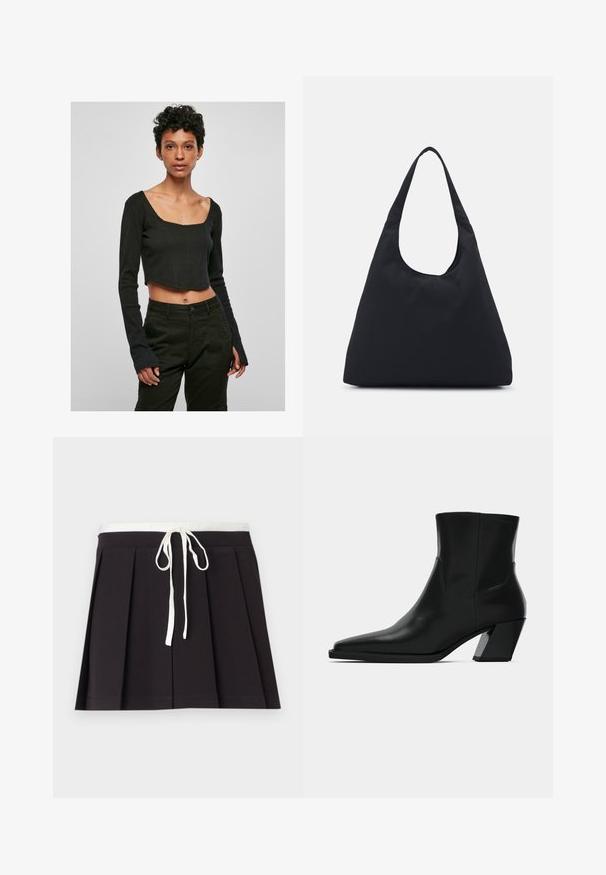 Sorte, cropped langærmet top med firkantetudskæring og tætsiddende design. Stoffet er glat, og ærmerne har let udvidede ender.; Sort plisseret nederdel med en hvid vævet snor i taljen. Fremstillet af blødt stof, der har en glat tekstur og et enkelt, klassisk design.; Sortlæder ankelstøvle med spids tå, en slank silhuet og en kraftig firkantet hæl. Glat tekstur med minimale stikninger.; Sort stofpose med en enkelt, bred skulderrem. Blød, semi-struktureret form og glat tekstur; minimalistisk design uden synligt hardware.