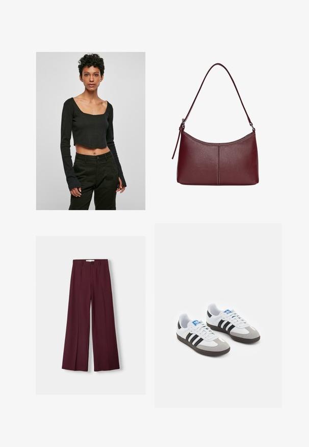 Schwarzes, kurzes Langarmshirt mit quadratischem Ausschnitt und taillierter Passform. Der Stoff ist glatt, und die Ärmel sind am Ende leicht ausgestellt.; Burgunderfarbene weite Hose aus glattem Stoff, mit einem vorderen Knopfverschluss und klaren Falten für ein maßgeschneidertes Aussehen.; Sportschuhe mit einem Obermaterial aus weißem Leder, grauer Wildleder-Zehenkappe und drei schwarzen Streifen. Sie verfügen über ein blaues Logo auf der Zunge und eine strukturierte Gummisohle.; Bordeauxfarbene Ledertasche mit geschwungener Form, einem einzigen Schulterriemen und gesteppten Details in der Mitte. Glatte Textur, minimales Zubehör.