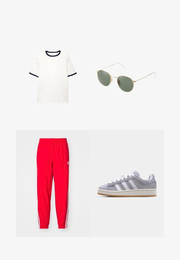 Weißes T-Shirt mit einem runden marineblauen Kragen und marineblauen Akzenten an den kurzen Ärmeln; aus weichem, glattem Stoff mit einer lockeren Passform hergestellt.; Rote Sporthose mit elastischem Bund, weißen gestreiften Akzenten an den Seiten und einem kleinen weißen Logo am linken Oberschenkel.; Graue Wildledersneaker mit weißen Streifen, runder Spitze und Gummisohle. Besitzt Perforationen an der Seite und eine strukturierte Fersenschlaufe.; Sonnenbrille mit goldfarbenem Metallrahmen und grünen Gläsern, runder Form, dünnen Bügeln und weißen Kunststoffakzenten an den Enden der Bügel.